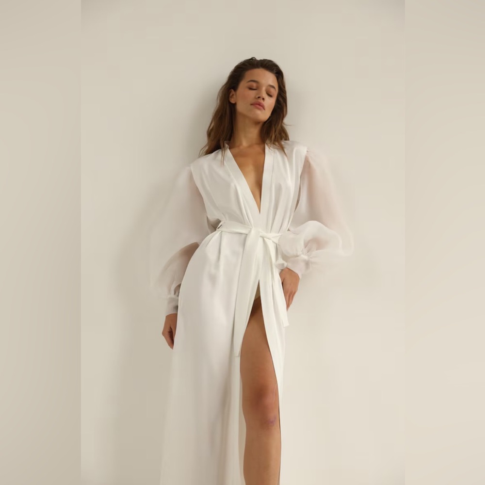Bridal robe wide sleeves White satin silk robe Boudoir robe